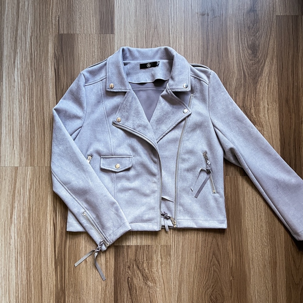 Missguided Faux Suede Motorcycle Jacket in Grey/Slate Blue in 6